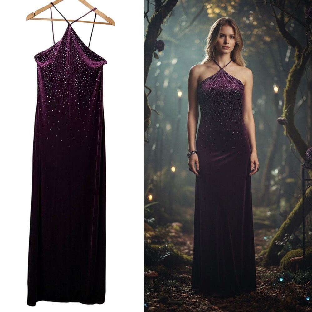 VTG 90s Y2K Purple Velvet Rhinestone Halter Dress Maxi Gown Whimsigoth 13/14